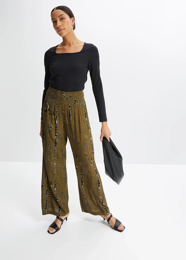 Pantalon palazzo en viscose fluide • kaki/noir imprimé • product-page.page-title-suffix