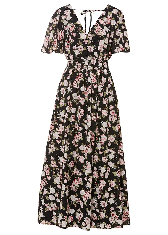 Robe longue à imprimé floral, Couleur: noir avec roses
