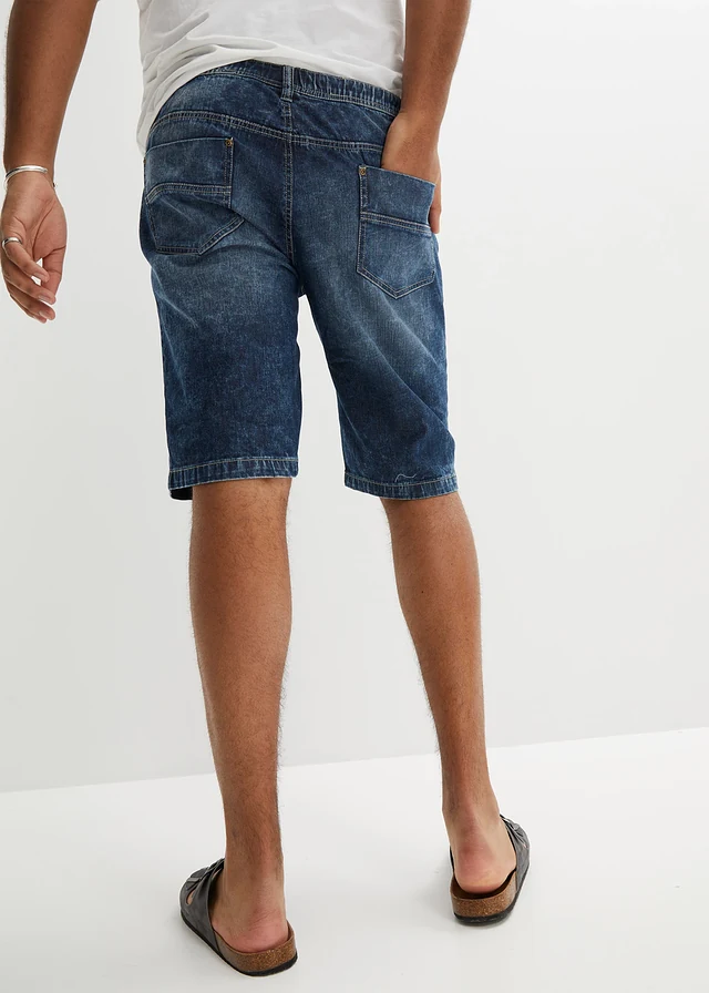 Bermuda taille élastiquée en denim léger, slim, Couleur: bleu foncé denim