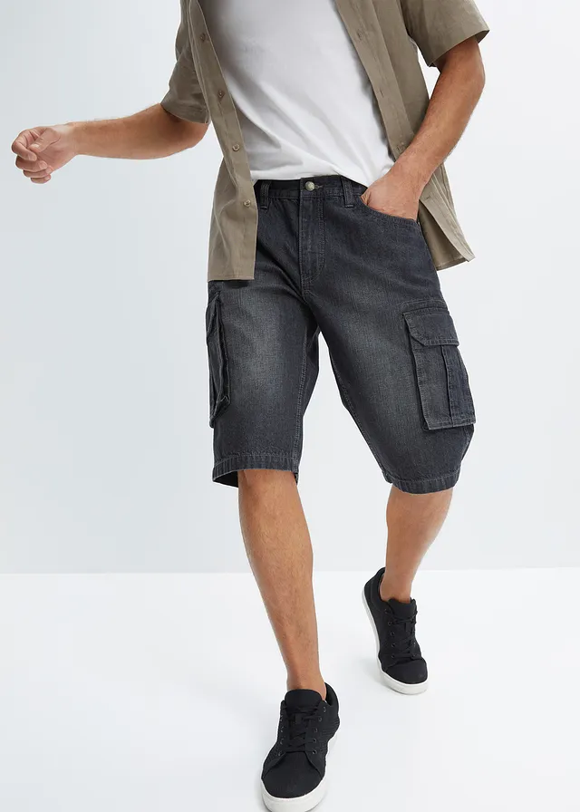 Cargo jeans bermuda, relaxed fit, Kleur: zwart denim