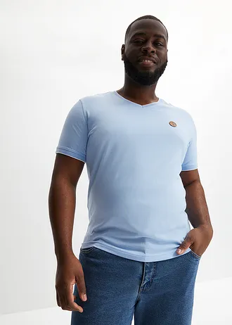 T-shirt col V double épaisseur, Couleur: bleu nacré