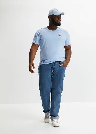 T-shirt col V double épaisseur, Couleur: bleu nacré