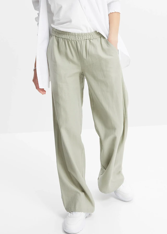 Pantalon palazzo en lin mélangé, Couleur: gris vert