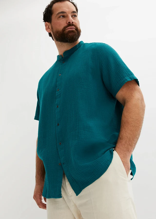 Overhemd met korte mouwen van mousseline, Kleur: petrol