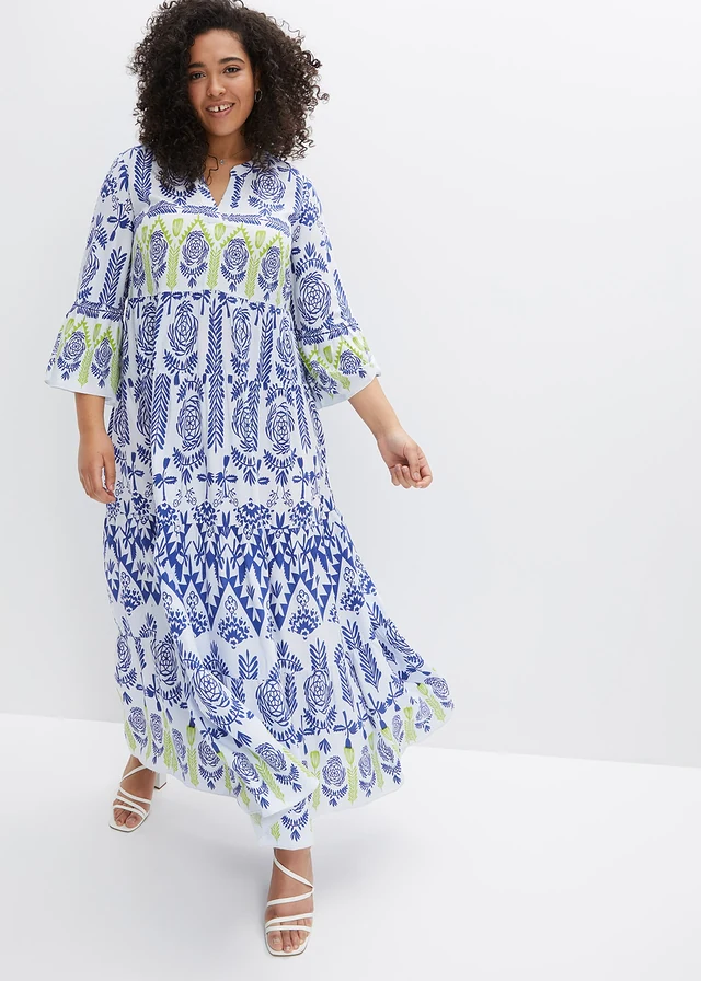 Robe longue en viscose fluide, Couleur: blanc-bleu-vert imprimé