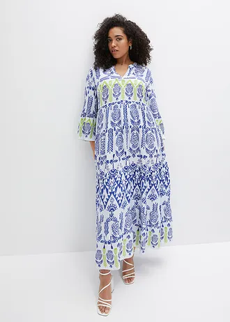 Maxi jurk van soepele viscose, Kleur: wit/blauw/groen met print