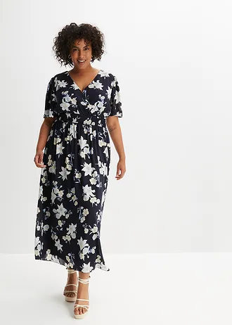 Robe longue à imprimé floral, Couleur: bleu foncé avec lys