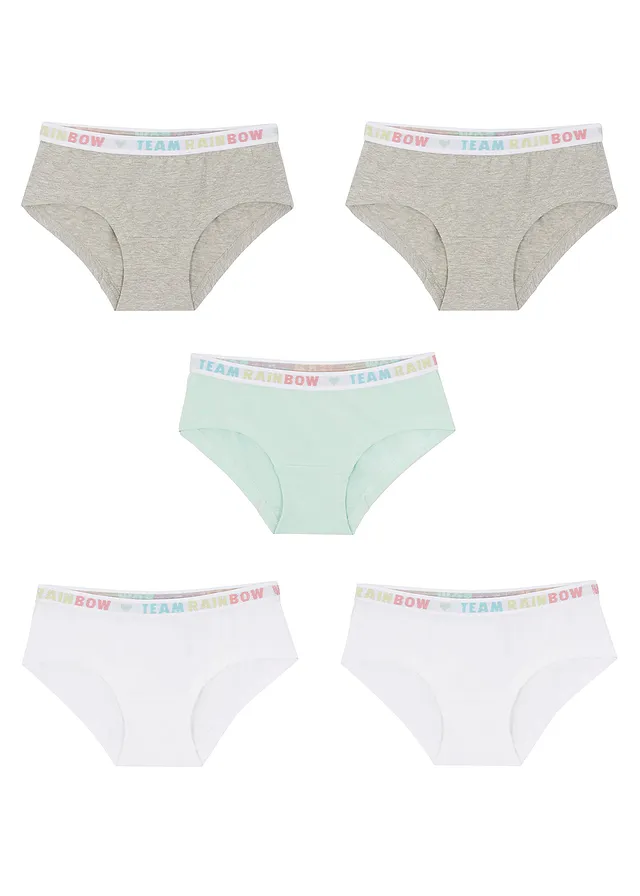 Meisjes hipster met zacht katoen (set van 5), Kleur: lichtgrijs gemêleerd+lichtmint+wit