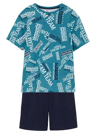 Pijama cu pantaloni scurți din bumbac 100% • turcoaz-cobalt mat/bleumarin cu imprimeu • magazin bonprix