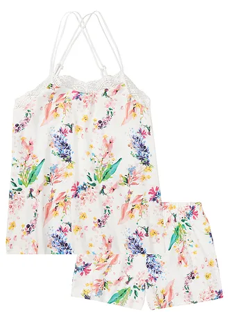 Krátké pyžamo se špagetovými ramínky, barva: přírodní bílá s květy