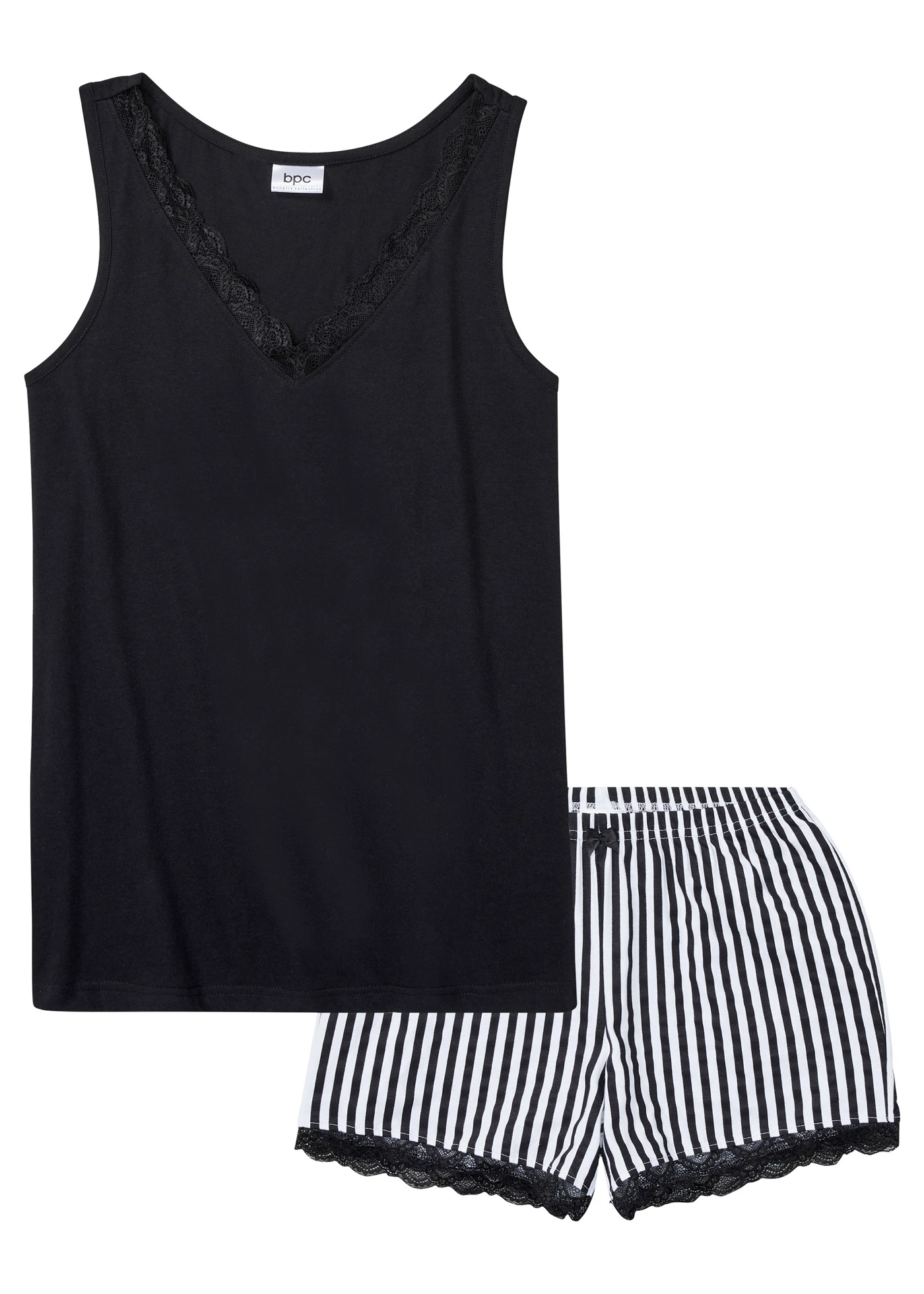 Pijama cu pantaloni scurți cu dantelă fină • negru/alb cu dungi • magazin bonprix