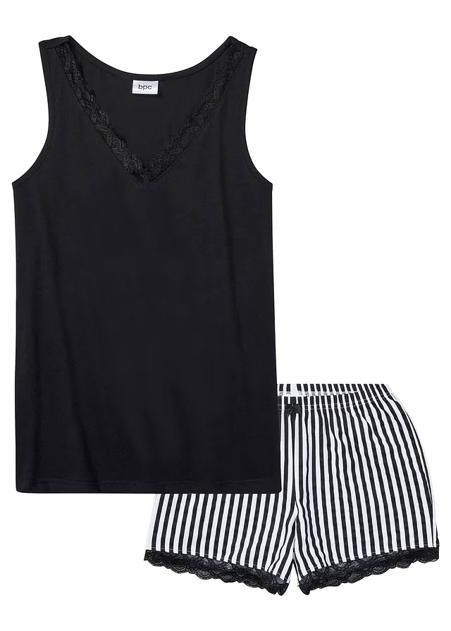 Pijama cu pantaloni scurți cu dantelă fină • negru/alb cu dungi • magazin bonprix
