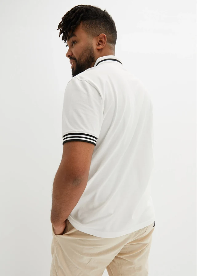 Polo zippé en maille piquée 100% coton, Couleur: blanc + noir