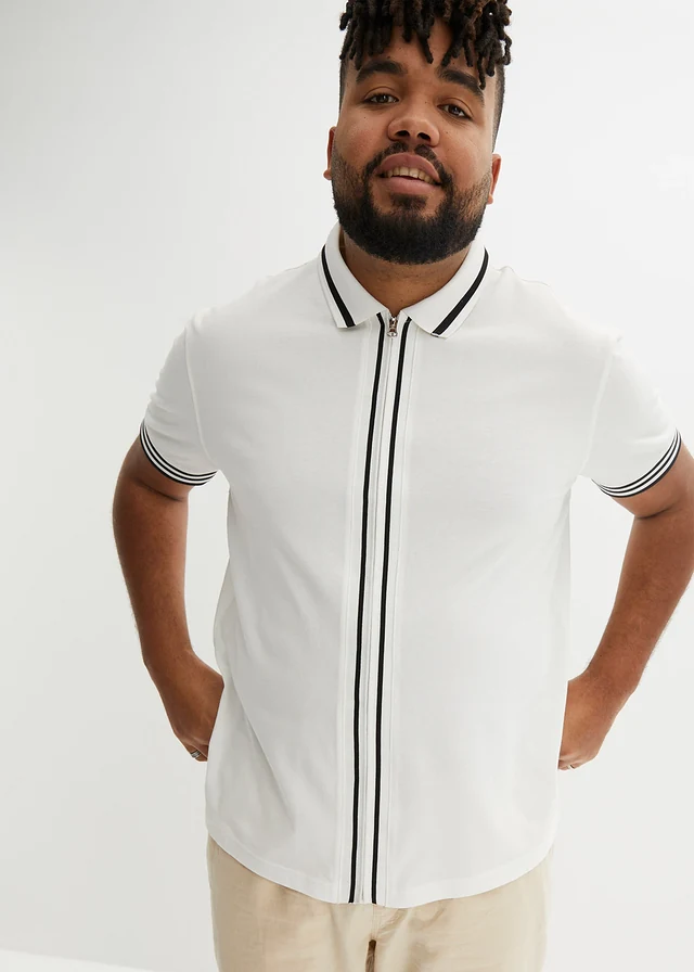 Piqué poloshirt met ritssluiting van katoen, Kleur: wit/zwart