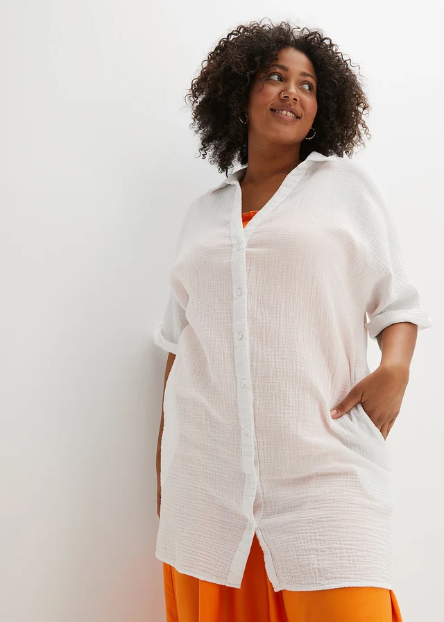Lange, oversized blouse van mousseline, Kleur: wit