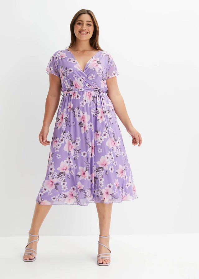 Gedessineerde midi jurk van mesh, Kleur: lila gebloemd