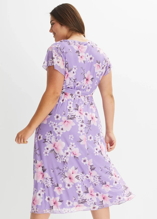 Robe midi imprimée en mesh, Couleur: parme à fleurs