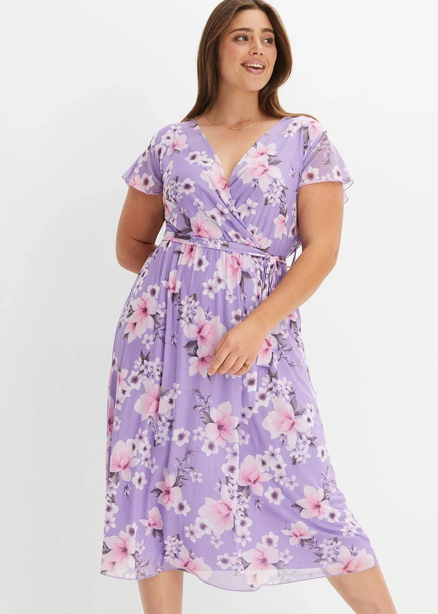 Gedessineerde midi jurk van mesh, Kleur: lila gebloemd