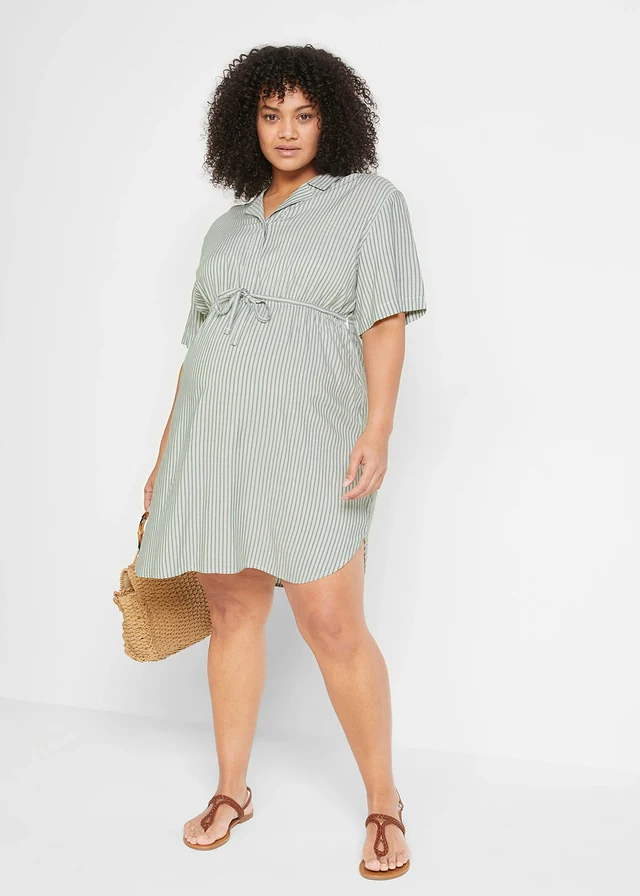 Robe-chemise de grossesse et d’allaitement en viscose fluide, Couleur: écru/vert foncé