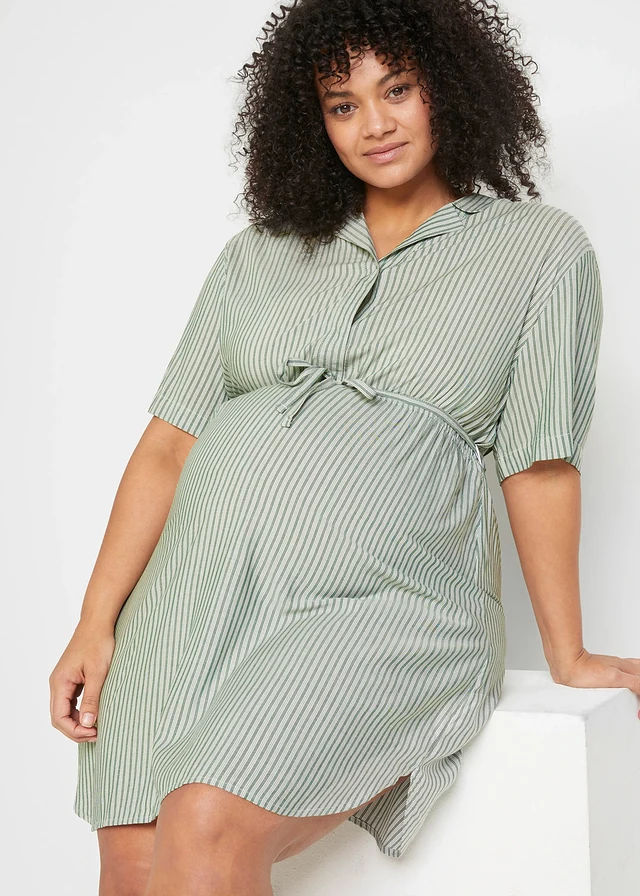 Robe-chemise de grossesse et d’allaitement en viscose fluide, Couleur: écru/vert foncé