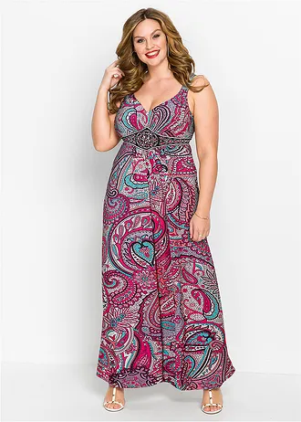 Maxi šaty s aplikacemi, barva: pink-tyrkysová s kašmírovým potiskem