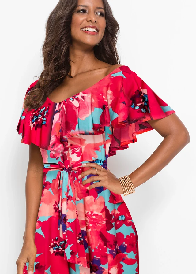 Maxi jurk met volant en ceintuur • turkoois-pink gebloemd • product-page.page-title-suffix