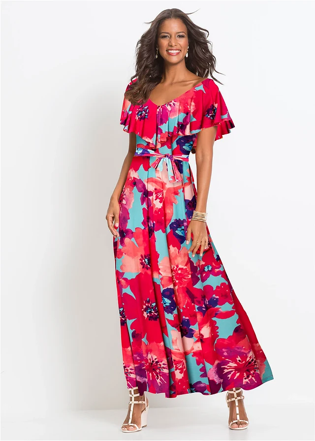 Robe longue à volant et ceinture, Couleur: turquoise-rose vif floral