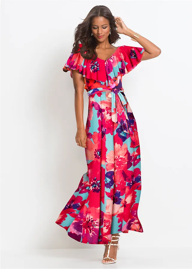 Robe longue à volant et ceinture, Couleur: turquoise-rose vif floral