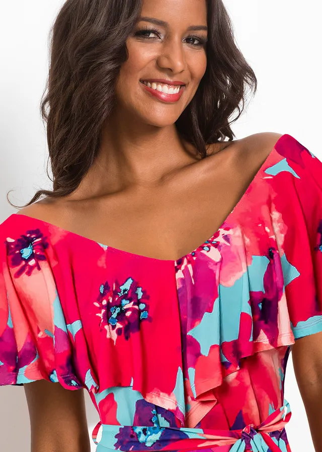 Maxi jurk met volant en ceintuur • turkoois-pink gebloemd • product-page.page-title-suffix