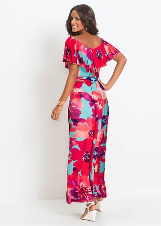 Maxi jurk met volant en ceintuur, Kleur: turkoois-pink gebloemd