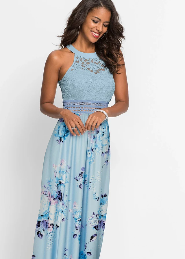 Maxi jurk met bloemenprint en kant • lichtblauw-roze gebloemd • product-page.page-title-suffix