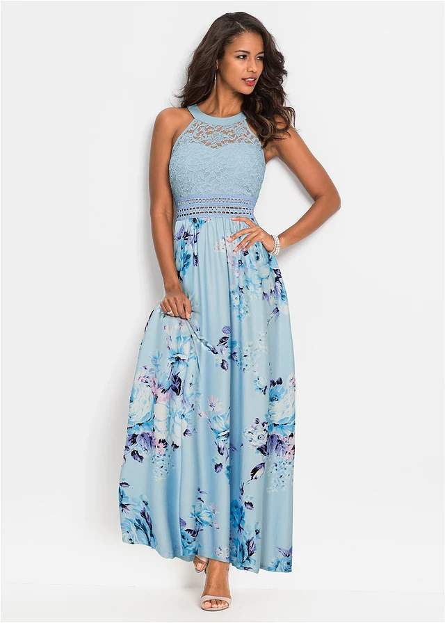 Maxi jurk met bloemenprint en kant, Kleur: lichtblauw-roze gebloemd