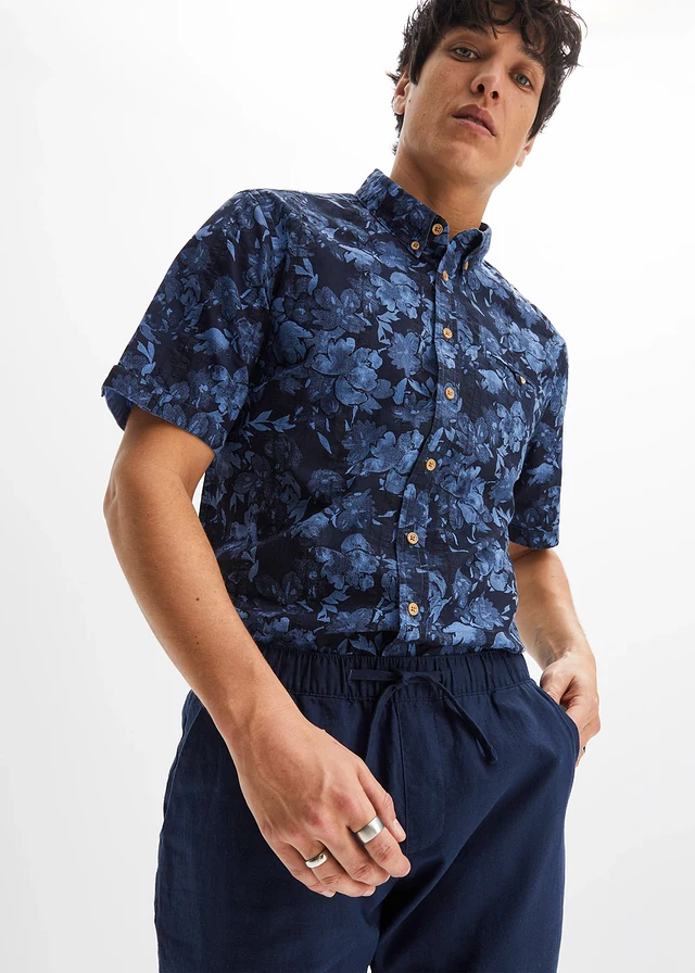 Seersucker overhemd met korte mouwen, Kleur: blauw gebloemd