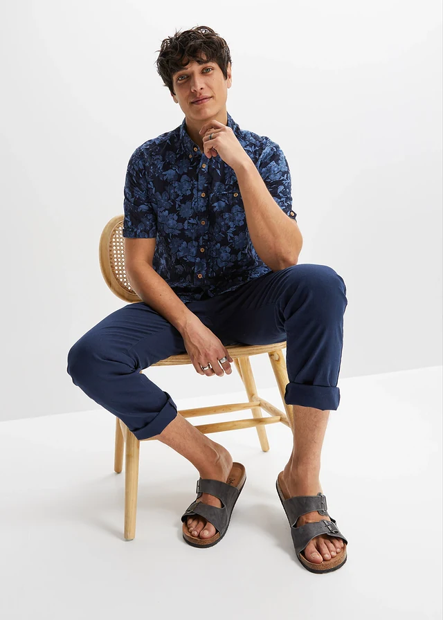 Seersucker overhemd met korte mouwen, Kleur: blauw gebloemd