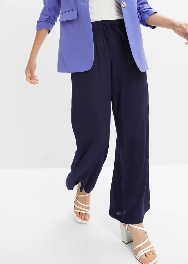 Pantalon large en viscose fluide, Couleur: bleu foncé