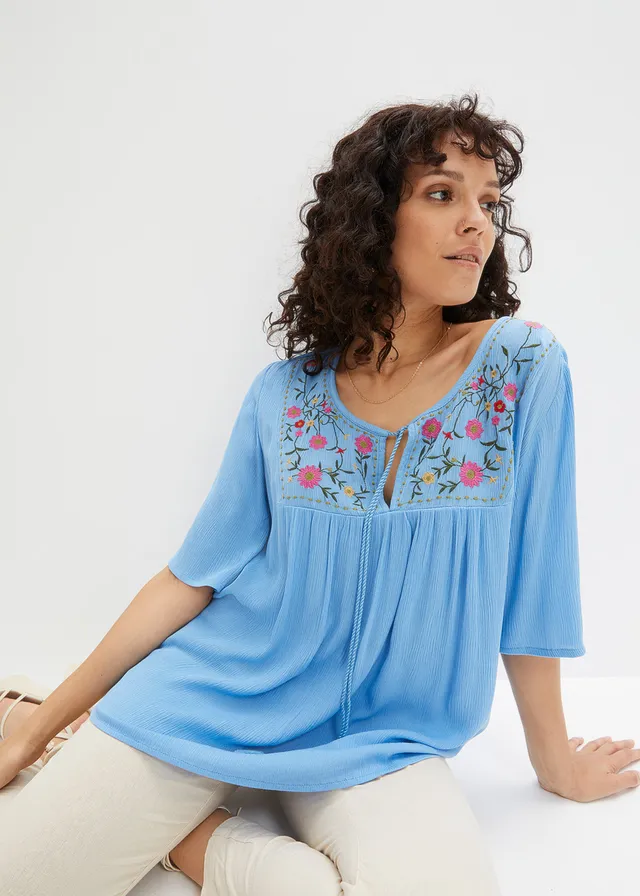 Tunique en viscose effet froissé, Couleur: bleu brillant floral