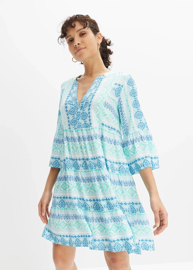 Robe-tunique en viscose fluide • bleu Méditerranée/écru imprimé • product-page.page-title-suffix