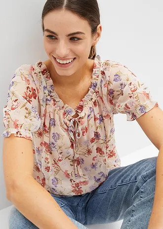 Tuniková halenka ve stylu Carmen • světle růžová s květy • bonprix obchod