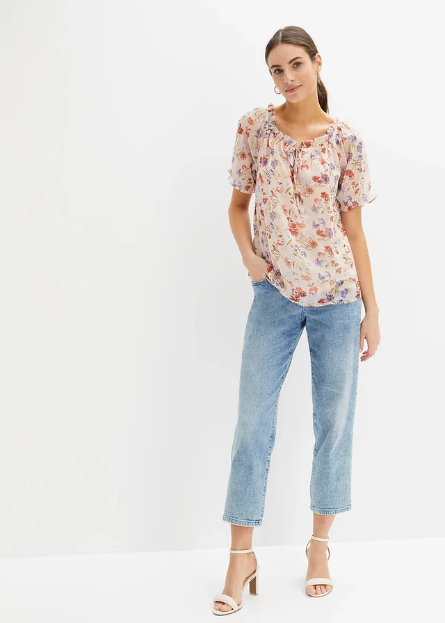 Blouse à encolure Bardot, Couleur: rose clair floral