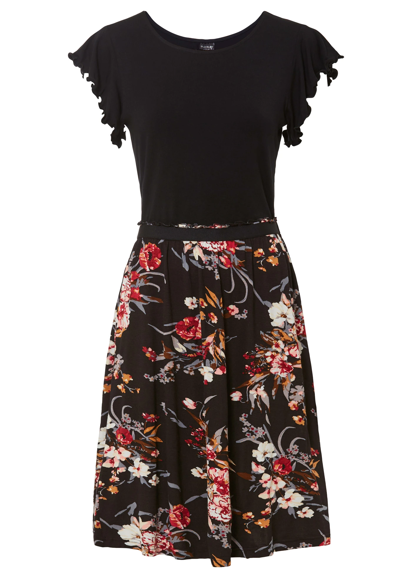 Žerzejové šaty z viskózové směsi • černá s květy • bonprix obchod