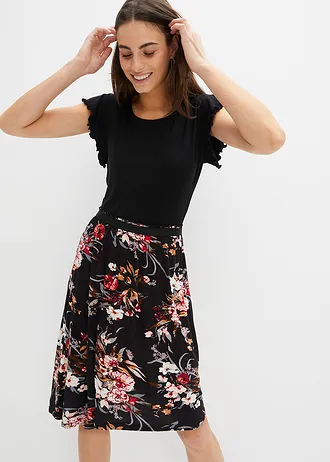 Jersey jurk van een viscosemix, Kleur: zwart gebloemd