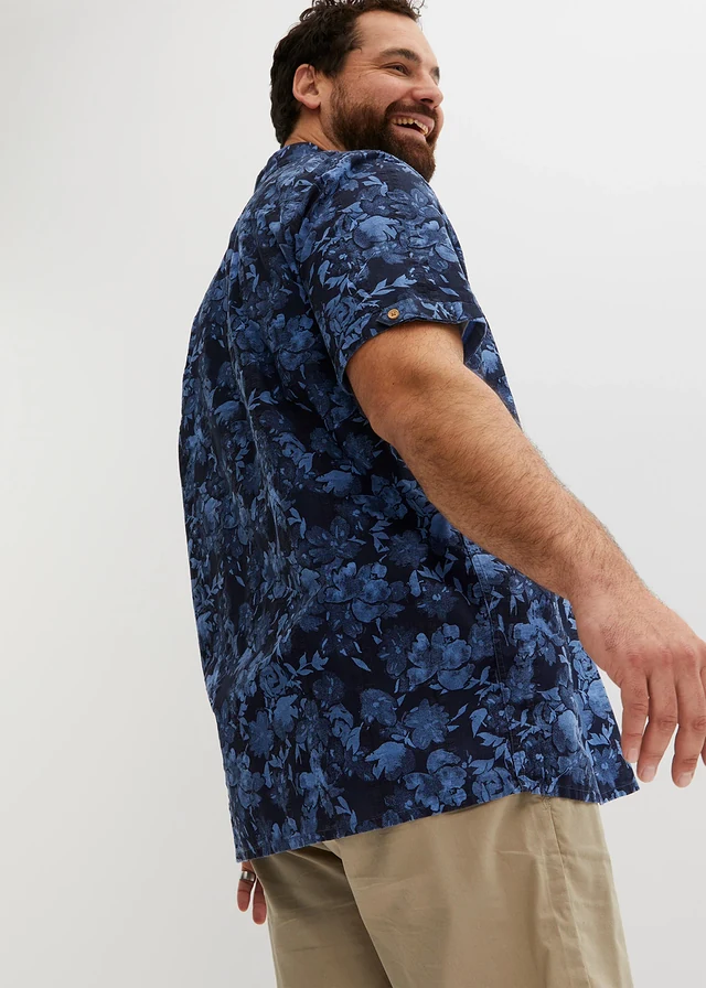 Seersucker overhemd met korte mouwen, Kleur: blauw gebloemd