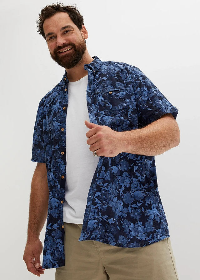 Seersucker overhemd met korte mouwen, Kleur: blauw gebloemd