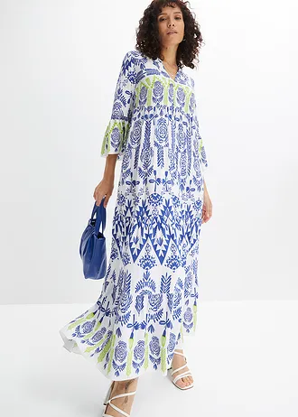 Maxi jurk van soepele viscose, Kleur: wit/blauw/groen met print