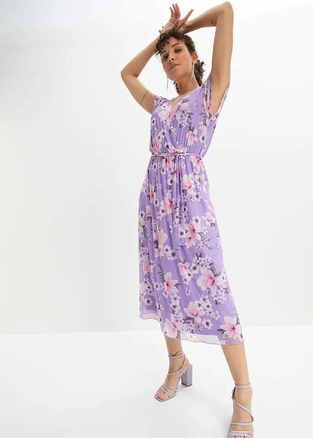 Robe midi imprimée en mesh, Couleur: parme à fleurs