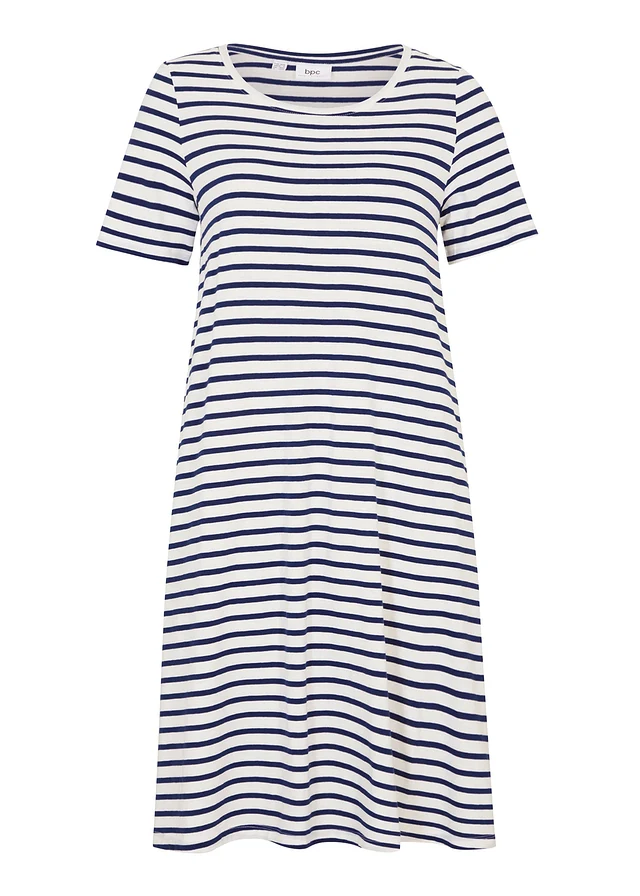 Robe fluide en coton flammé, Couleur: écru/bleu nuit rayé