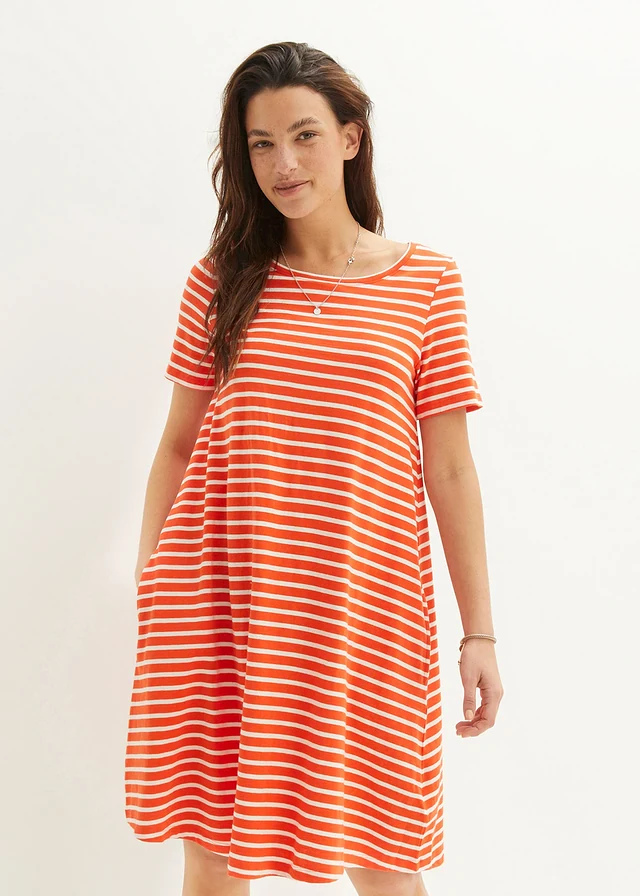Katoenen shirtjurk met effectgaren • mandarijnrood-wolwit gestreept • product-page.page-title-suffix