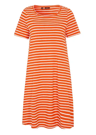 Sukienka T-shirtowa z przędzy mieszankowej • czerwona mandarynka - biel wełny w paski • sklep bonprix