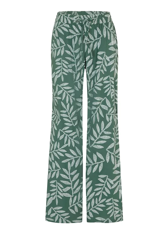 Pantalon palazzo en viscose, Couleur: vert foncé-blanc imprimé