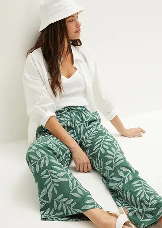 Pantaloni palazzo din viscoză fluidă • verde închis/alb imprimat • magazin bonprix